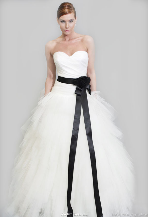 modern wedding dress with black sash