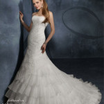 organza strapless mermaid dress with elegant layer skirt and chapel train bridal wedding gown