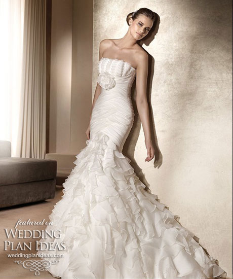 strapless ruffles rouched bodice mermaid style layer skirt wedding gown