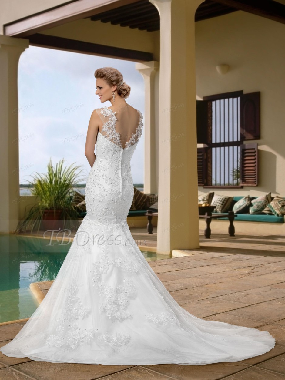 Sleeveless Trumpet Wedding Dress - Cheap Wedding Dress - Back View