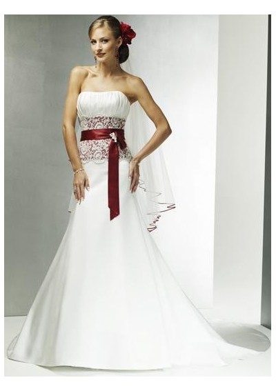 Satin Strapless A line Skirt with Elegant Wine Red Sash and Chapel Train