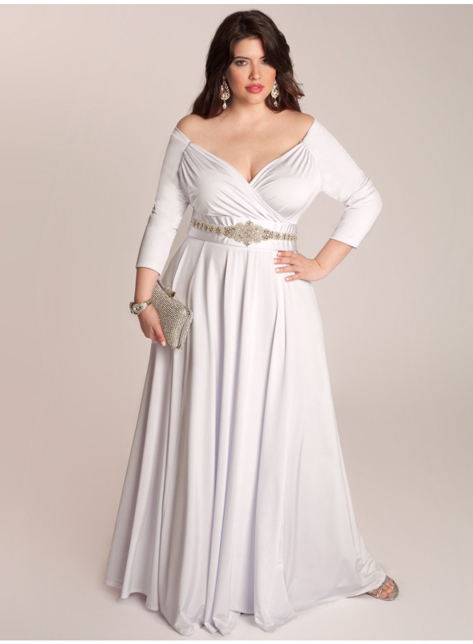 Off Shoulder Long Sleeves Plus Size Wedding Gown